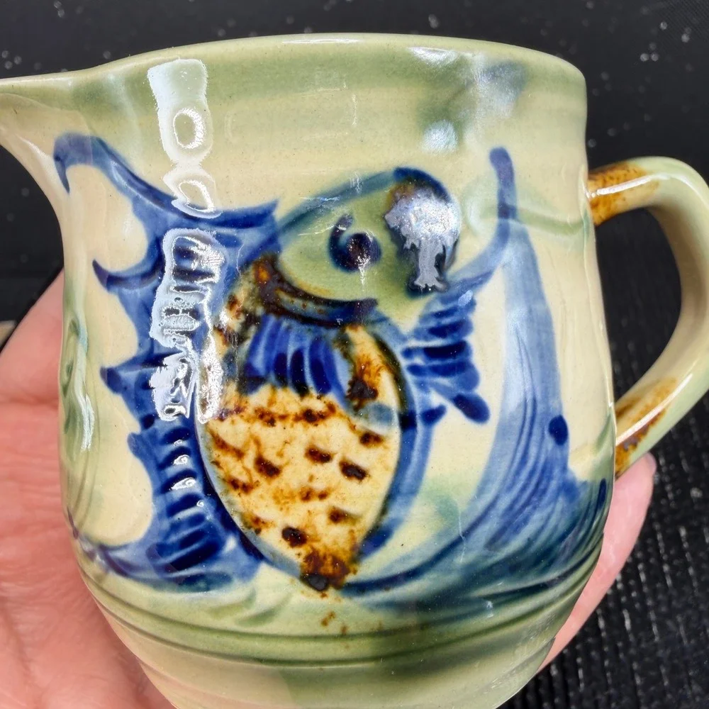 Tsuboya Ware Yachimun Japanese Pottery Creamer and Saucer Set Fish Design 3in